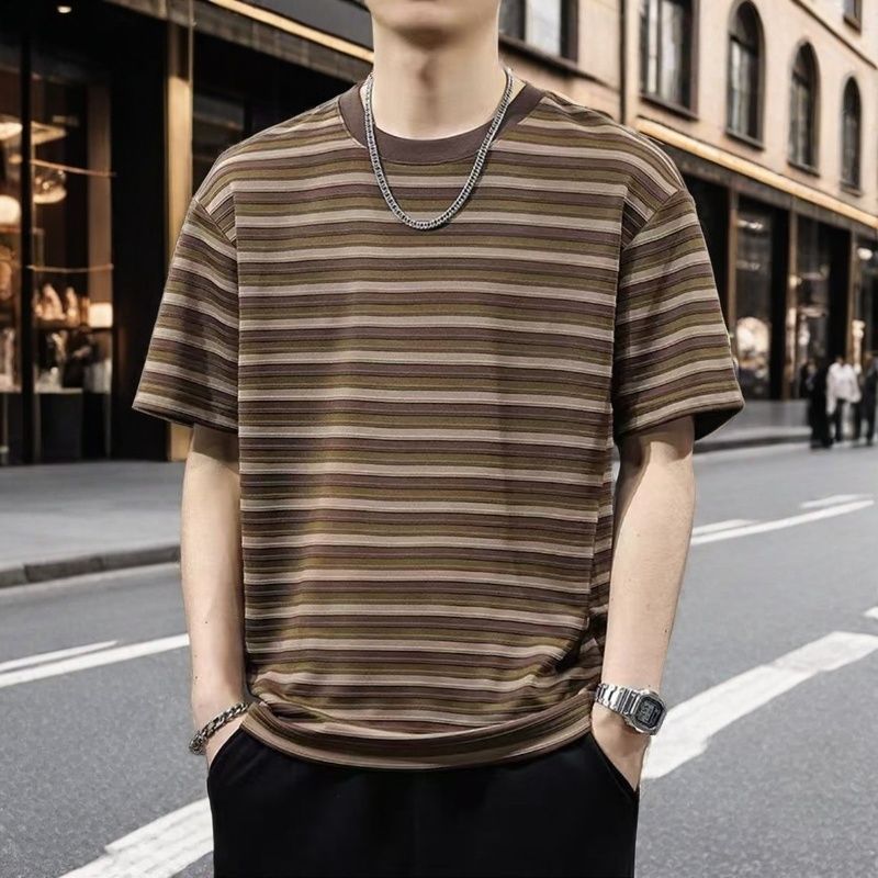 Men's Striped Short Sleeve T-Shirt Oversized Casual Loose Fit Daily Streetwear Comfortable Cotton Blend Top