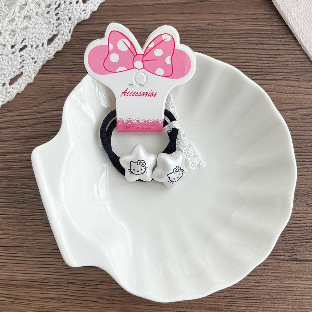 Love Heart Star Kitten Hair Clips & Ties Set: Black & White Elastic Bands, Side Clips, Versatile Bangs Clips for Children