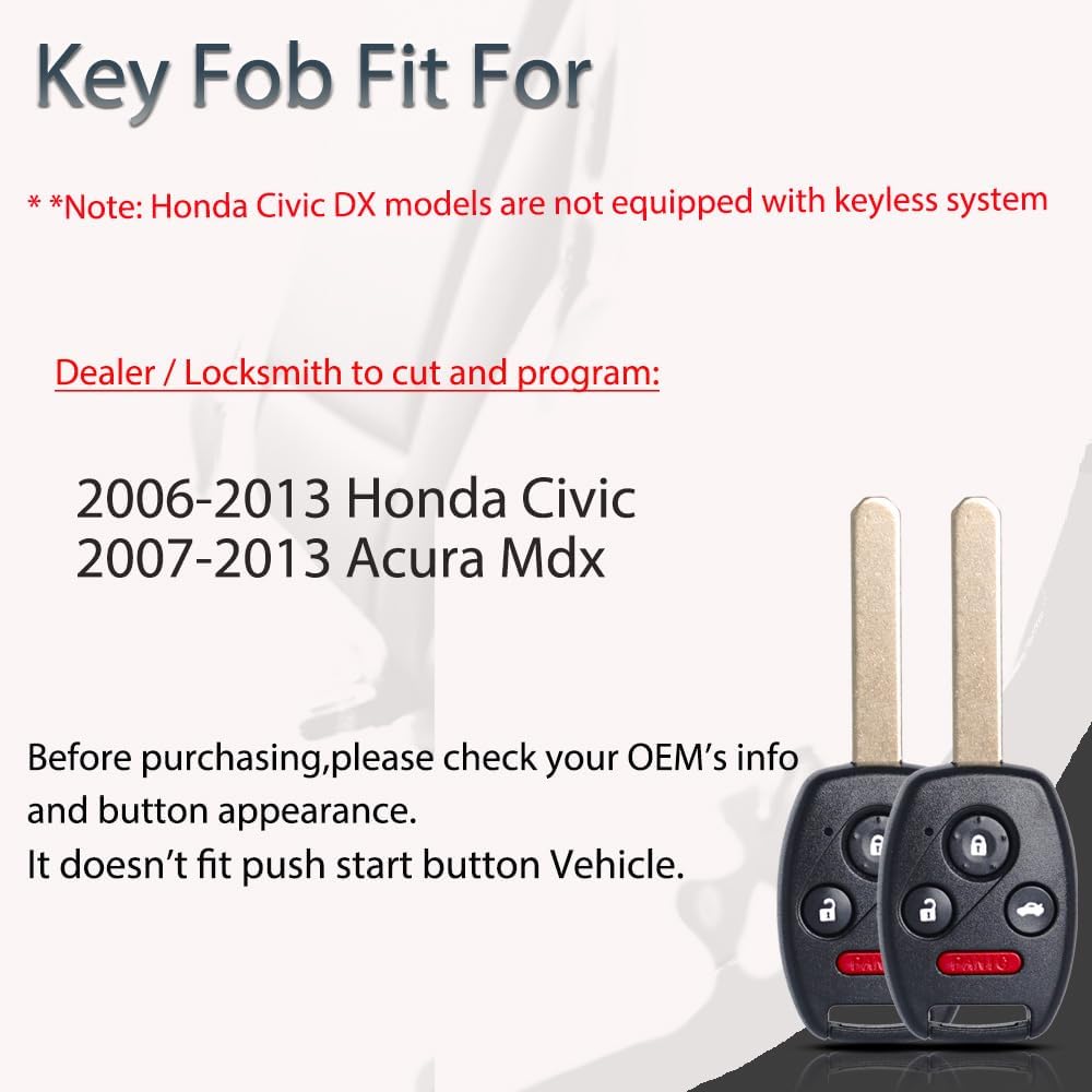 Key Fob Keyless Entry Fits For Honda Civic 2006 2007 2008 2009 2010 2011 2012 2013 Remote Control Head Key Replacement 35111-SVA-306 N5F-S0084A 46