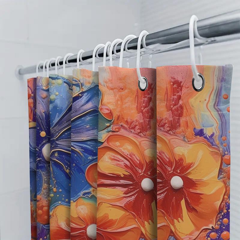 Hand-Painted Shower Curtain With Floral Design Premium Water Repellent Fabric For Bathroom Decoration In Multicolored Orange Blu