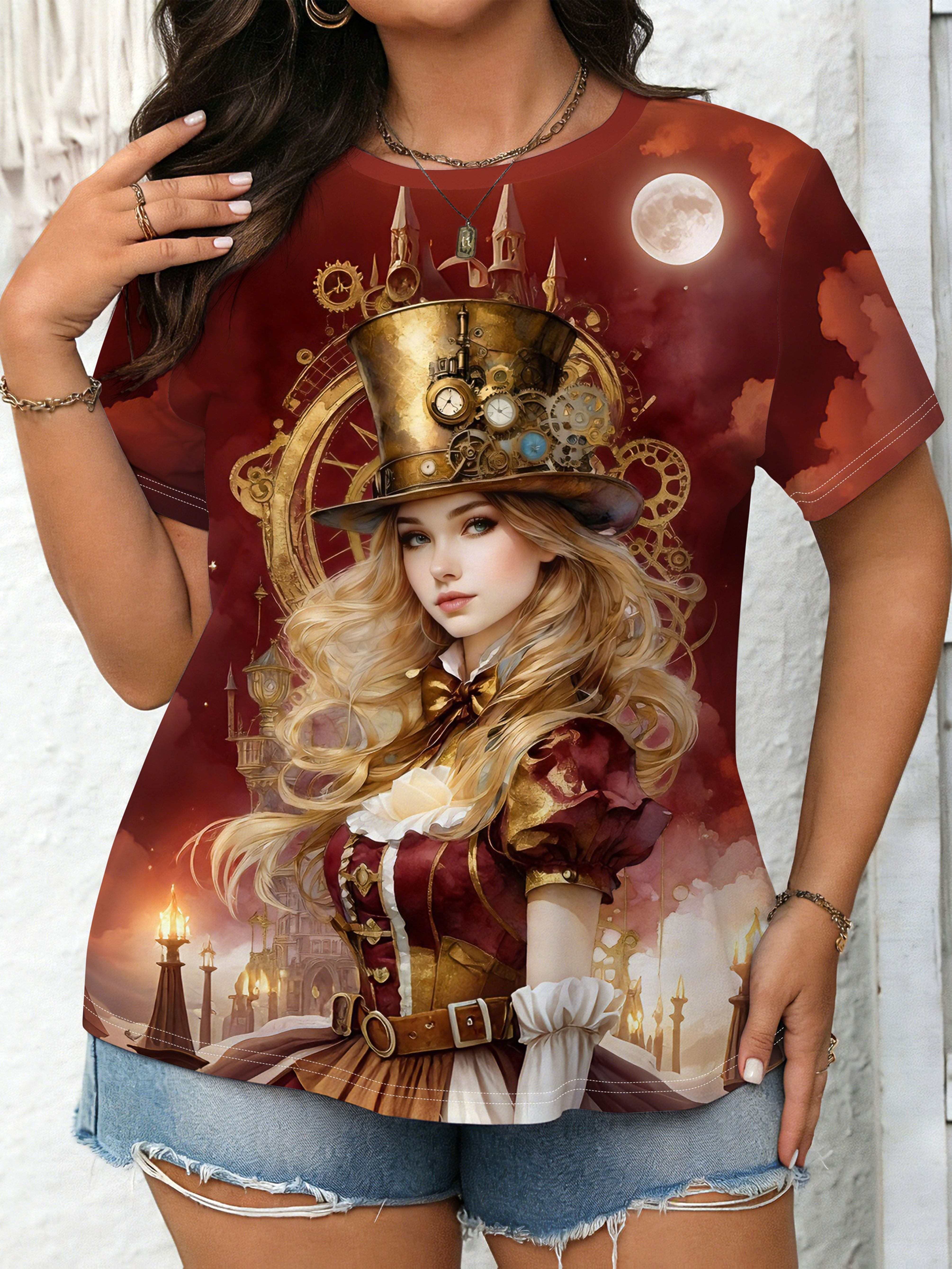 

Plus-Size Women S T-Shirt in Steampunk Style. Fully Printed with Vintage Light-Luxury Design. Round Neck. Short Sleeves. Soft And Comfortable Fabric. 3XL дубильна кора