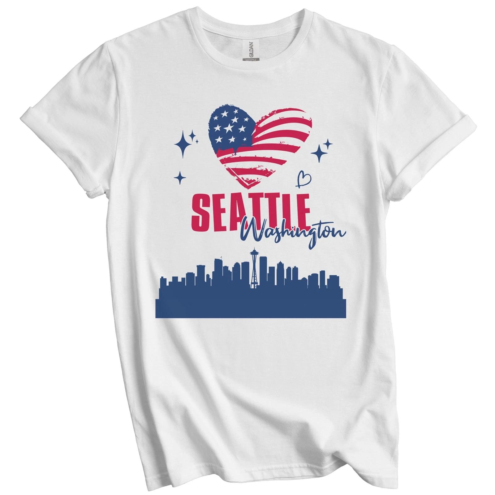 Seattle Washington Skyline American Flag Heart 4th of July T-Shirt 2XL