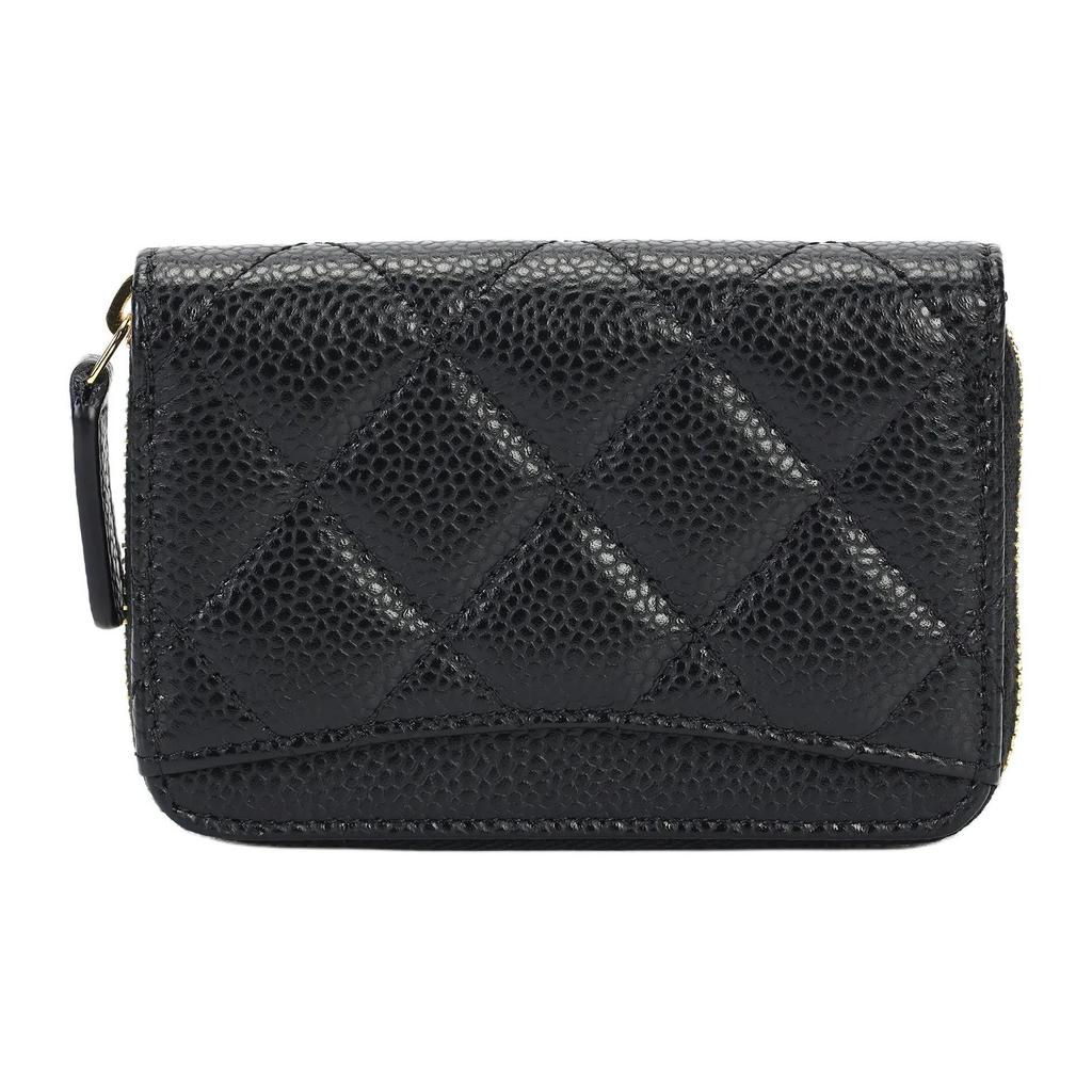 CHANEL Double C Logo Quilted Design Calfskin Coin Purse Women's Black