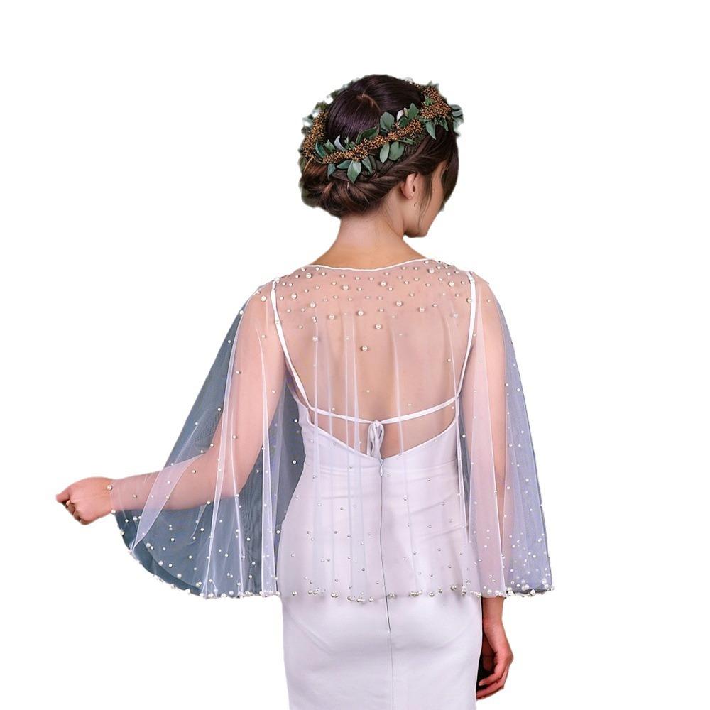 Scattered Mixed Pearl Sheer Tulle Bridal Cape Short Shoulder Wrap Round Neck Cover Up For Backless Mermaid Wedding Gown Elopement Photoshoot