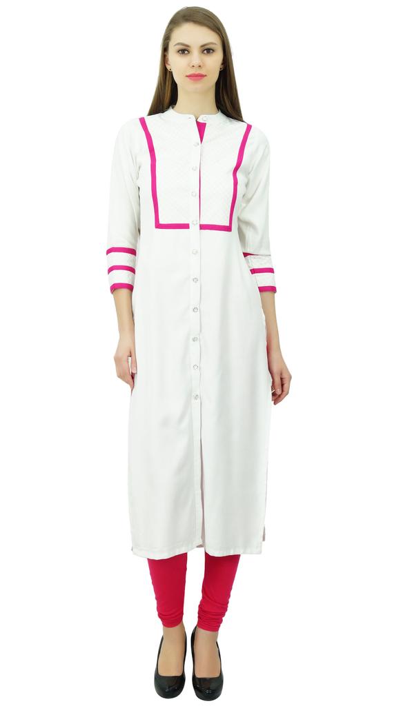 Phagun Womens Rayon Straight Tunic Kurta Open Front Kurti Mandarin Collar Indian