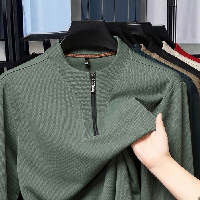 

Повседневные футболки мужские осенне-зимние эластичные с полумолнией и длинным рукавом топы мужские однотонные корейские деловые базовые футболки L-110 зелёный