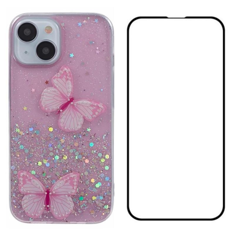 For iPhone 15 TPU Case PVC 3D Butterfly Epoxy Phone Cover with HD Film