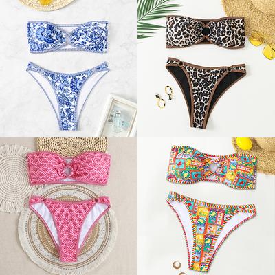 Dámské plavky Sexy potištěné ramínko Prsa Dvoudílné plavky Bikini set Plážové oblečení Koupací plavky