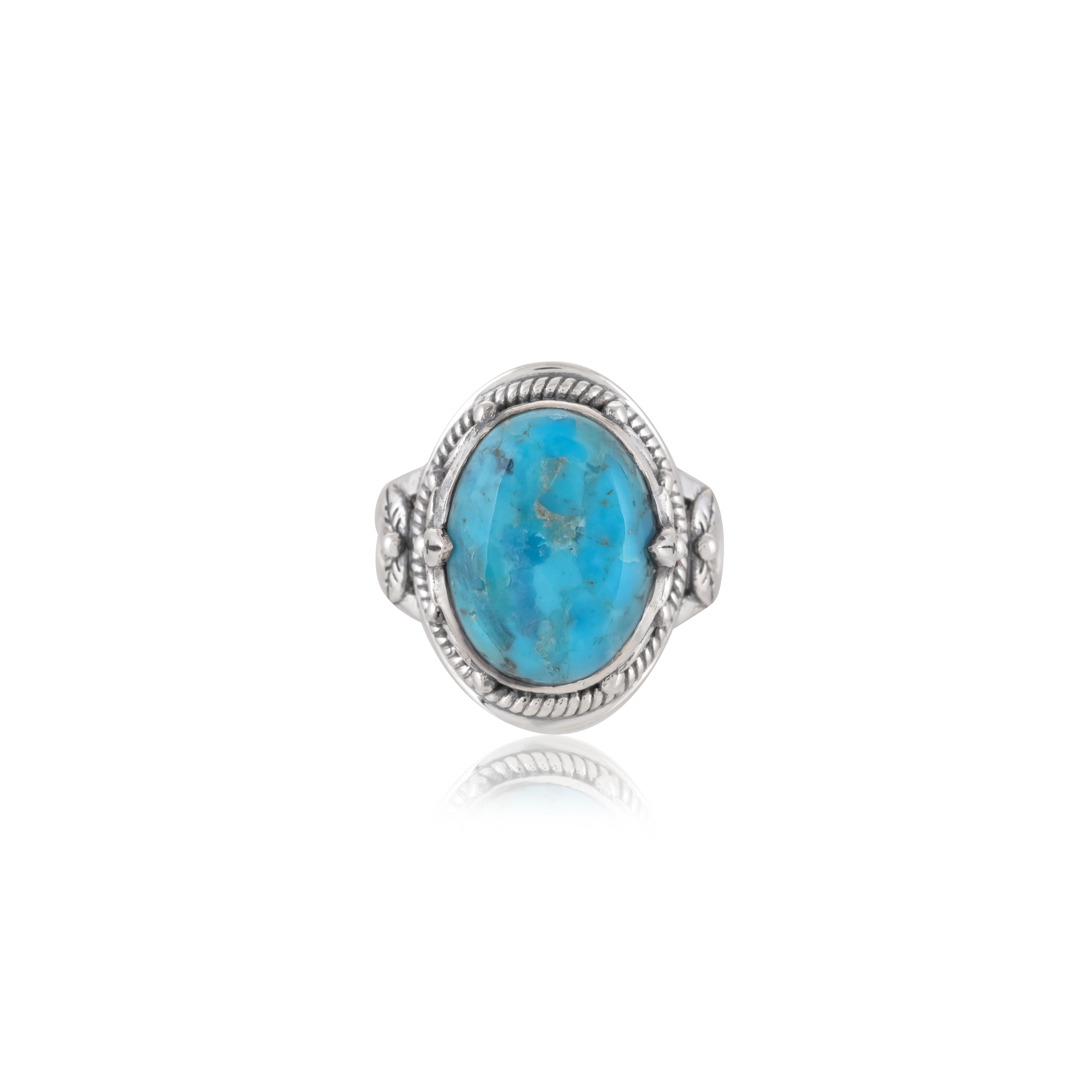 

Sterling Silver Turquoise Ring - Vintage Boho Statement Ring for Women with Rope Border Design US 12.5