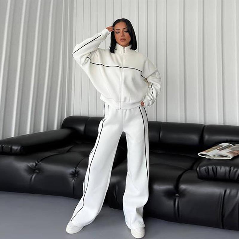 New Casual Set Women Longsleeved Half High Collar Cardigan Sweater Lace Up Striped Pants Women Clothing Fashion Two Piece Suits