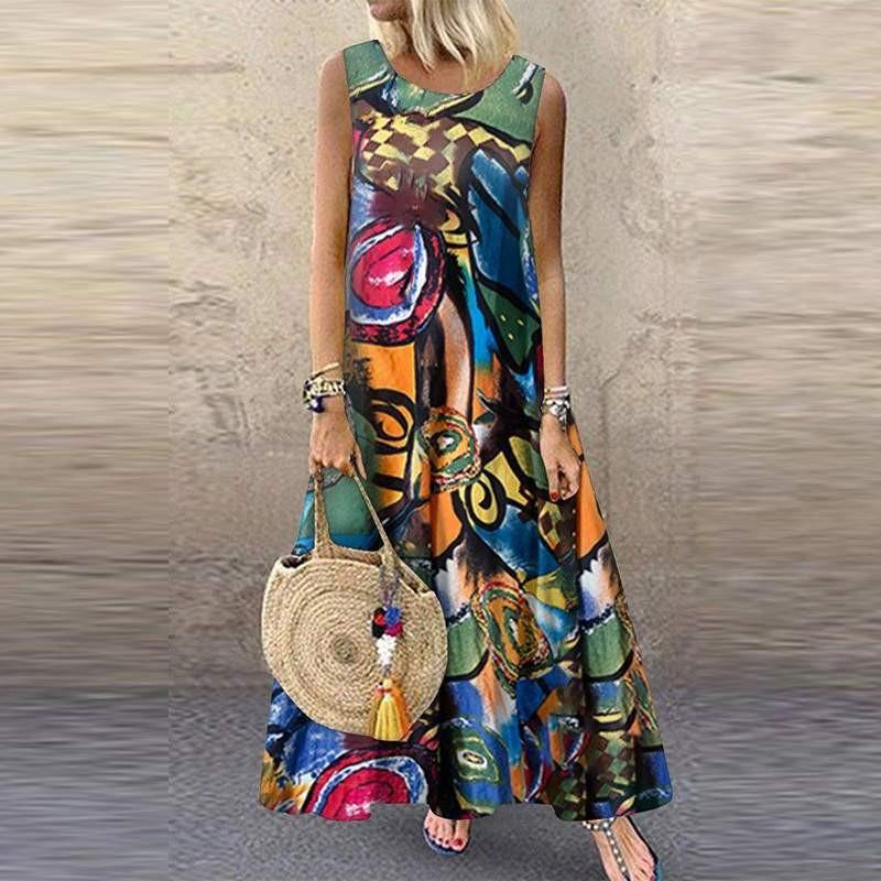 Women Plus Size   Floral Print Vintage Sleeveless Long Maxi Dress