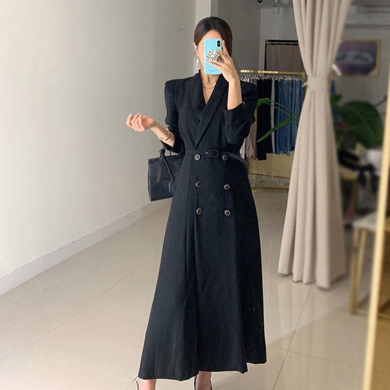 Abito da Completo Slimming Drappeggiato a Vita Francese Primaverile Lunghezza Media Stile Retrò Hepburn Bambini XXXL nero