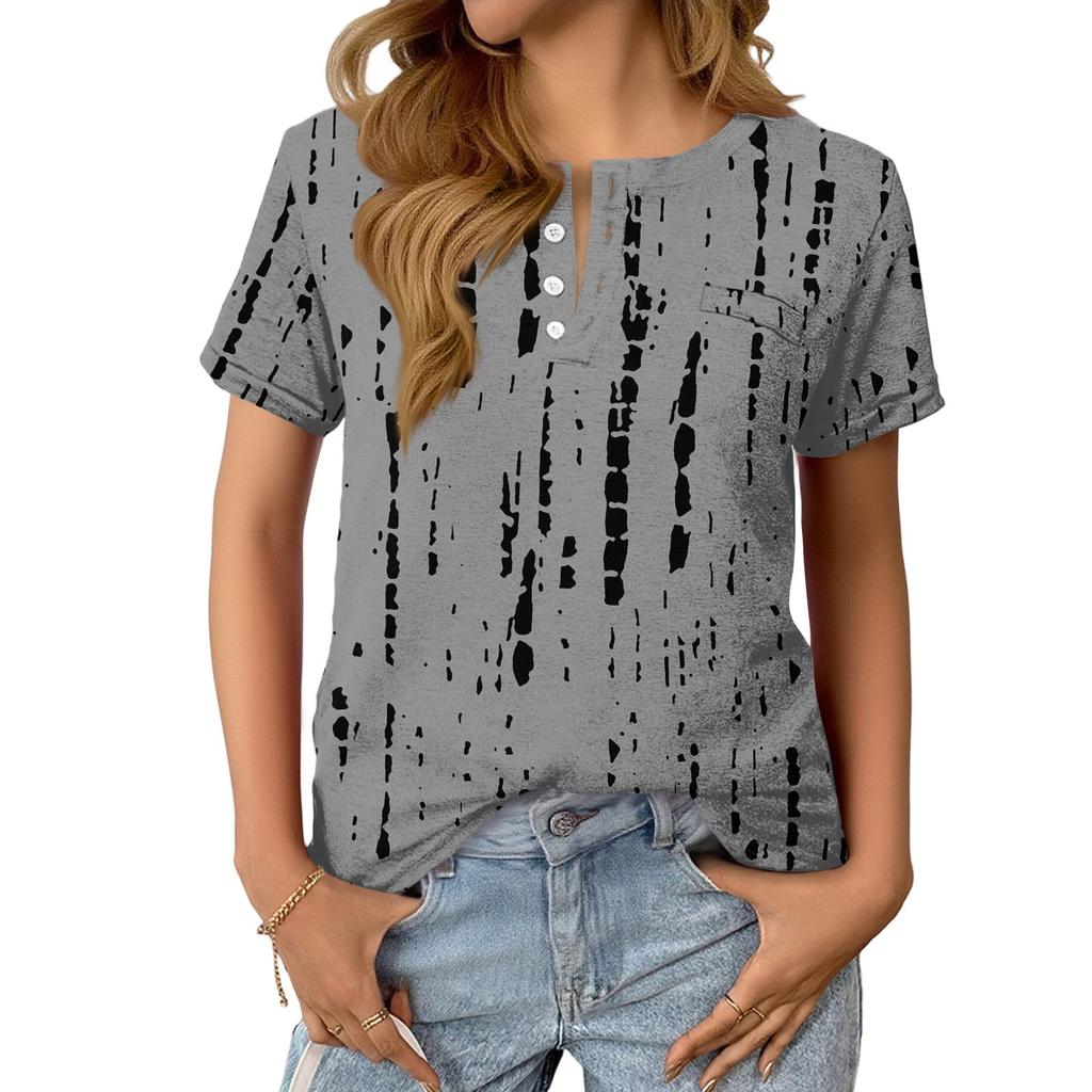 Women's Fashionable Casual Summer Striped V-neck Button Short-sleeved Top