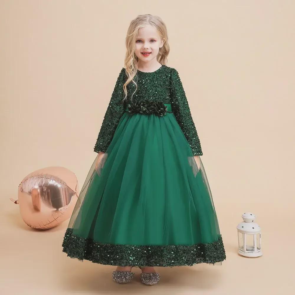 2024 Girls' Sequin Long Sleeve Evening Dress for Catwalk and Events