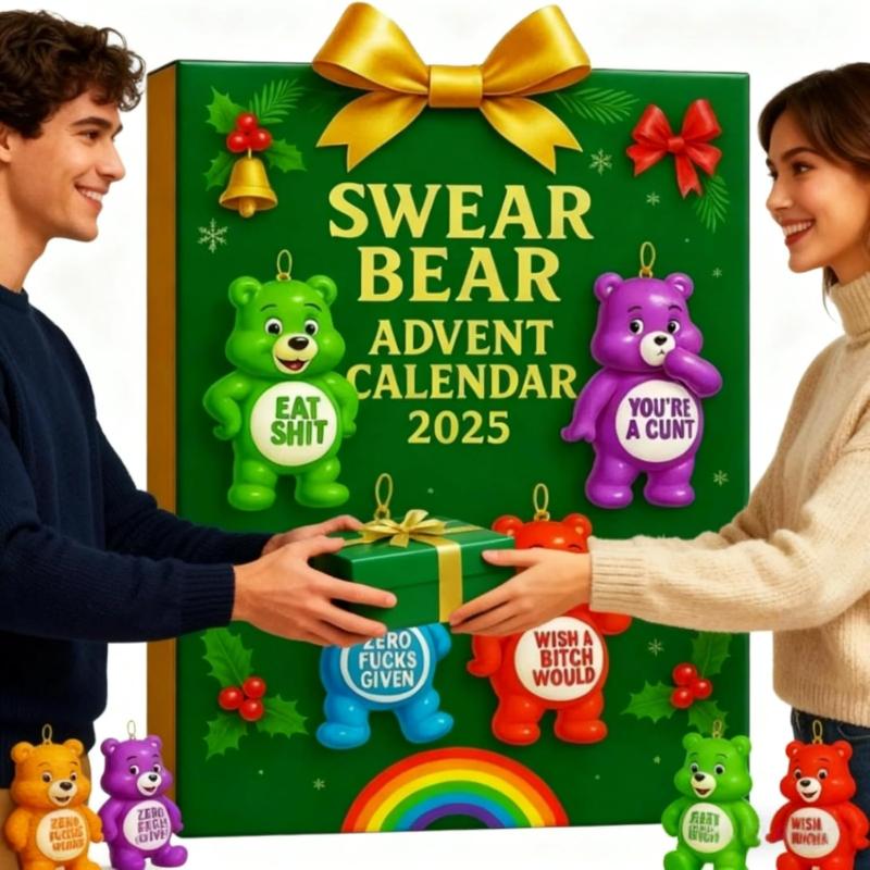 Swear Bear Adventskalender 2025 2D Tierdeko mit Vulgärem Humor, Attitude und Scherzgeschenken für Erwachsene, Perfekter Feiertags-Neuartikel für Weihnachten
