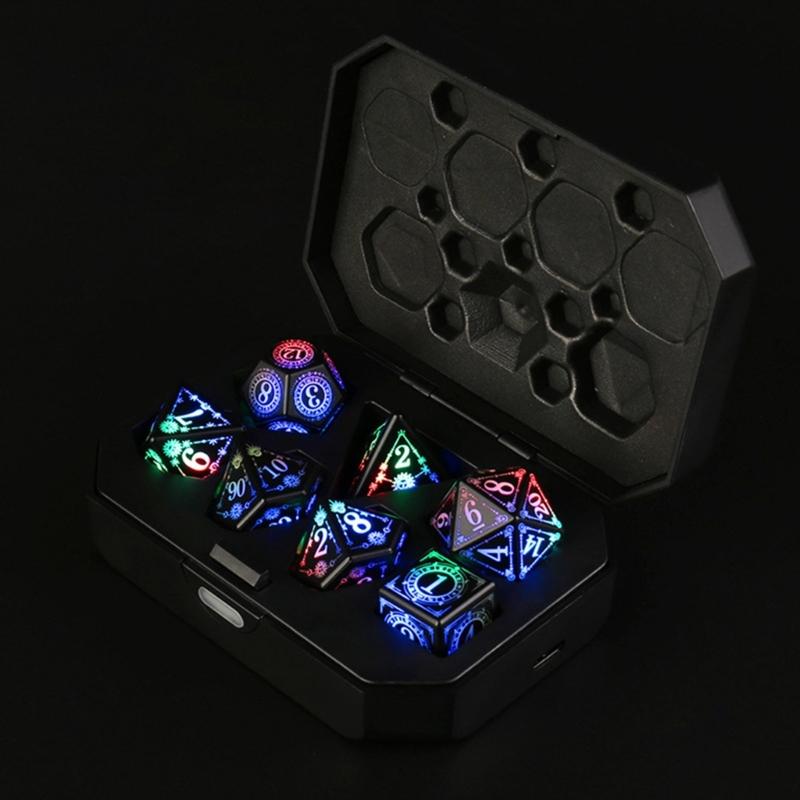 7Pcs Glowing Polyhedral Dices with Charging Box Rechargeable LED Colorful Light Electronic Dices for Role Playing Game
