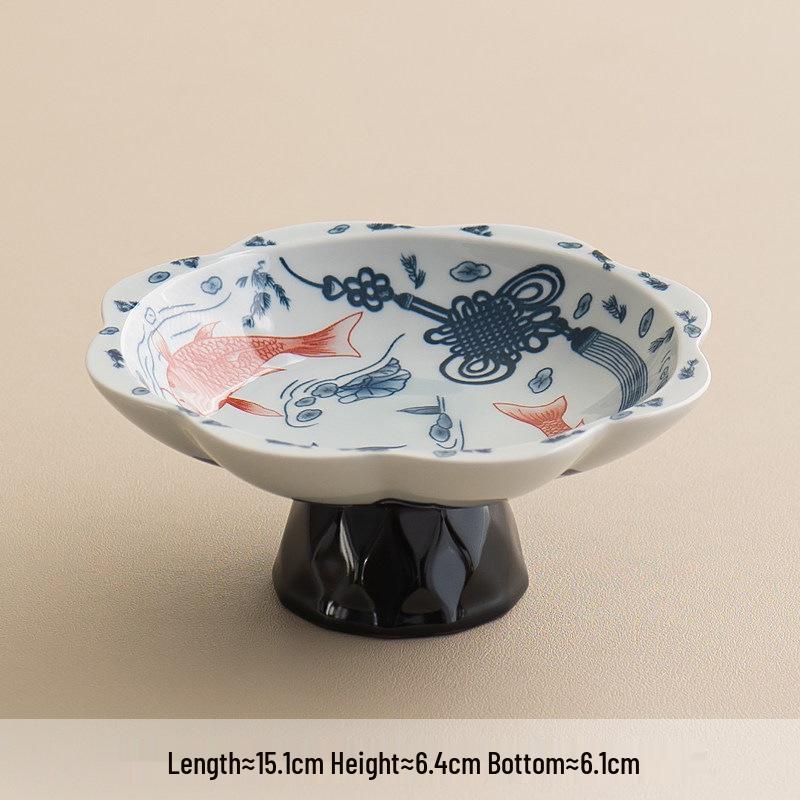 Blue & White Hand-Painted Ceramic High-Footed Fruit Bowl for Desserts and Snacks синий