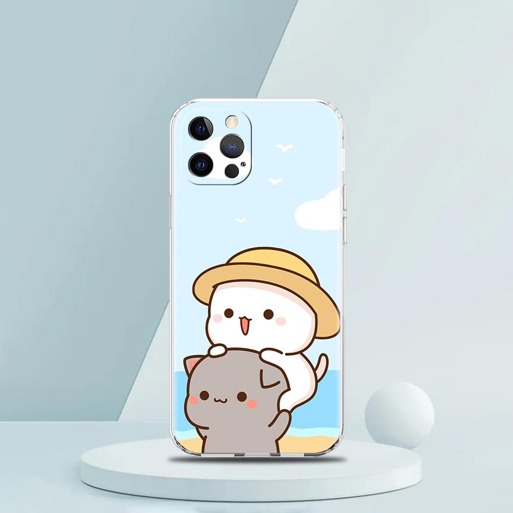 Cute Cartoon Cat Couple Luxury Phone Case For iPhone 16 15 14 13 12 11 Pro Max XS X XR SE 7 8 Plus soft Silicone Clear Cover
