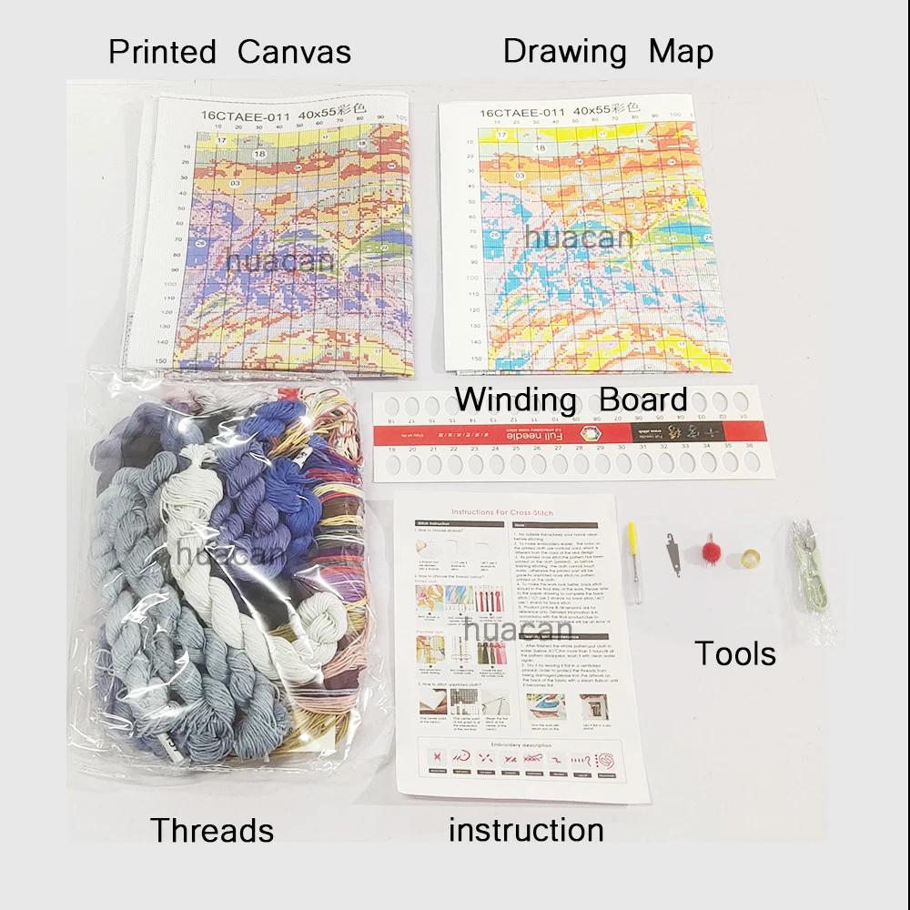 Huacan Cross Stitch Set 11CT Landscape Embroidery Mountain DIY Handmade Sewing Sets Printed Canvas Quilting Scenery Needlework Kits Home Decoration