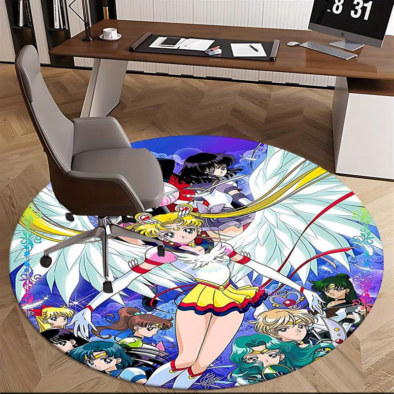 1pc Sailor Moon Anime Cartoon Design Round Carpet  Office Chair Mat, NonSlip Rug for Home Decor, Living Room, Bedroom, Game Room