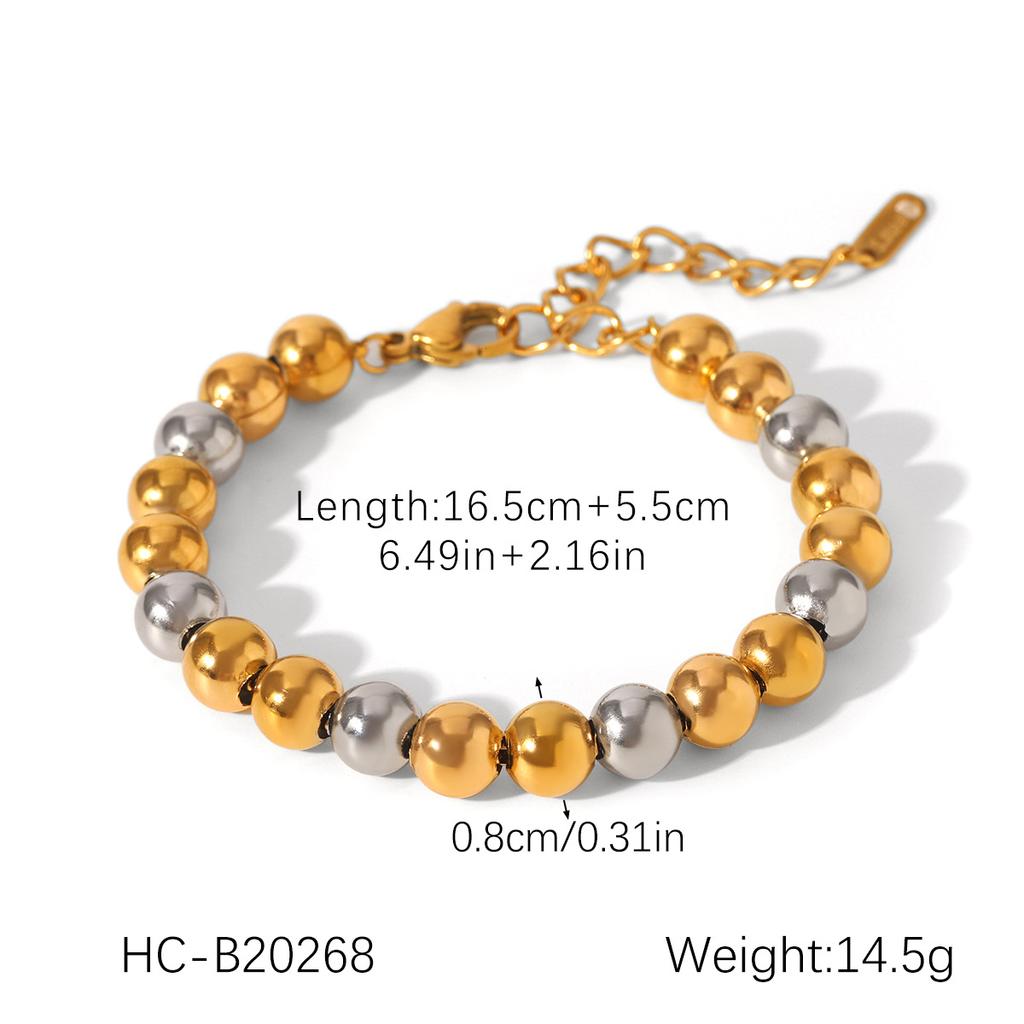Gold and Silver Two-tone Stainless Steel Round Bead Bracelet for Women, Versatile Color-block Beaded Bangle