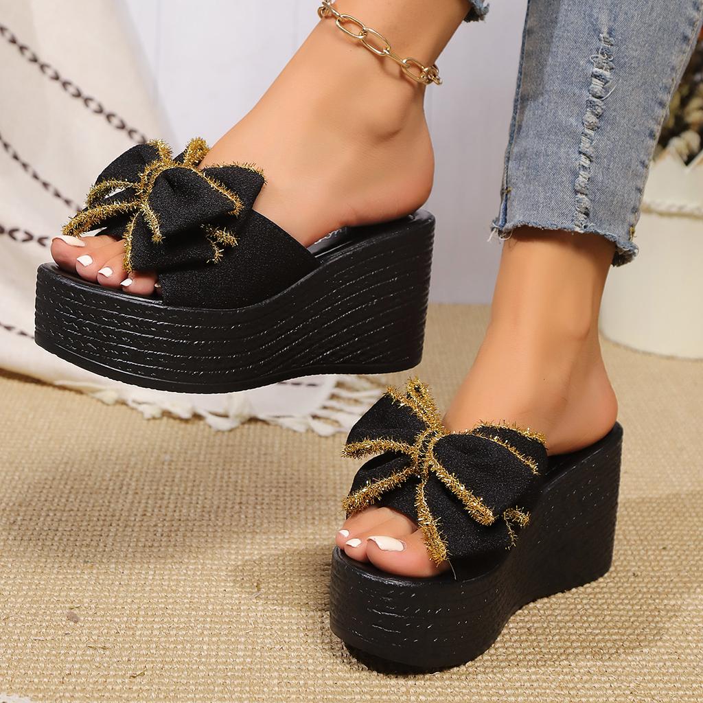 Fashion Women Wedges New Summer Slip on Fashion Bow Designer Slippers Thick Sole Non-Slip Outdoor Casual Open Toe Sandals Slides Women