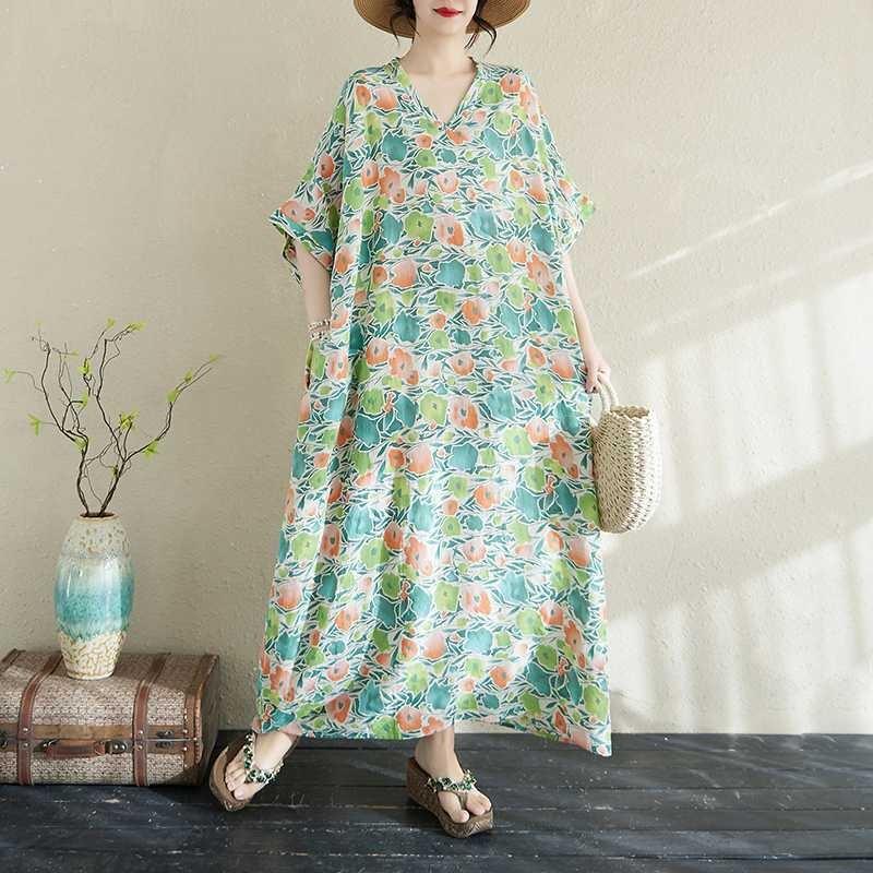 Women's Summer Floral V-Neck Maxi Dress Boho Linen Blend Beach Cover Up Loose Fit Vacation Dress with Side Slits
