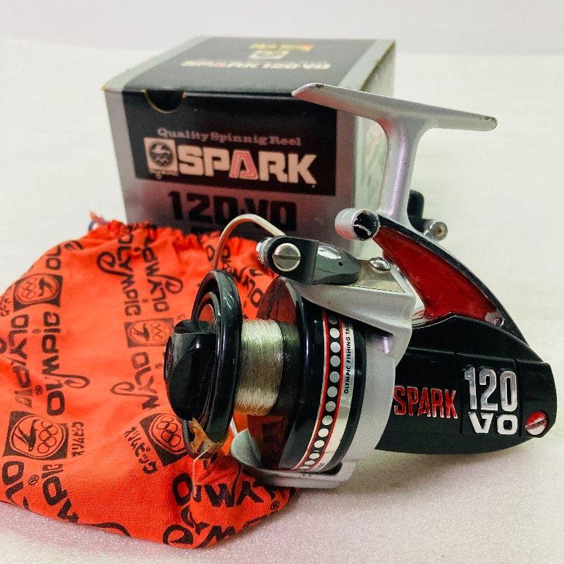 Used OLYMPIC SPARK120 VO Spinning Reel with Box OLYMPIC SPARK 120 VO Vintage with Line and Thread Small Fishing Fishing Boat Sea Sea Fishing