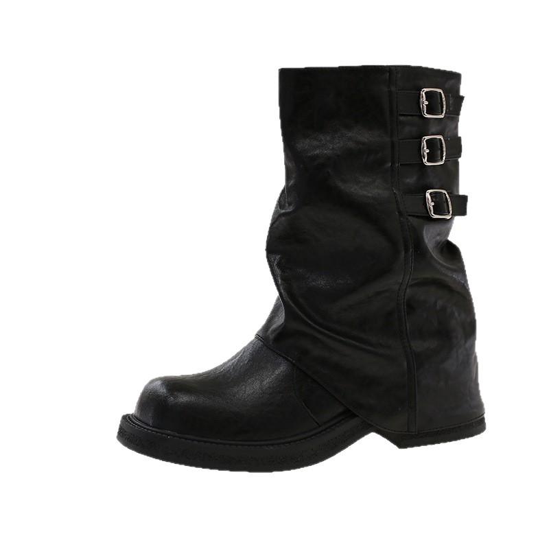 Brown retro trouser boots women's 2025 new autumn thick-soled heightening small knight boots temperament short boots