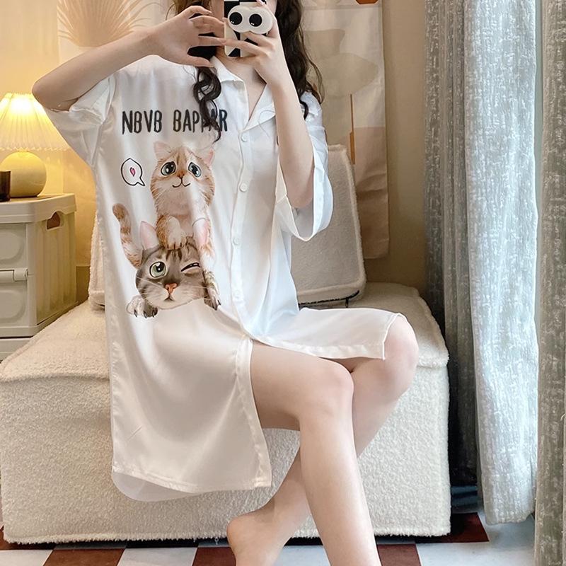 Cardigan shirt nightdress girl summer explosion loose lazy kitten can wear casual loungewear