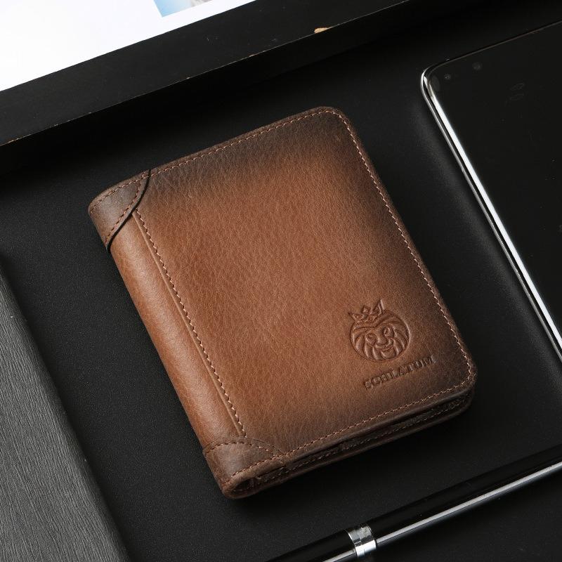 Anti-theft Brushed Genuine Leather Wallet, Retro Bag for Men, Short Vertical Wallet