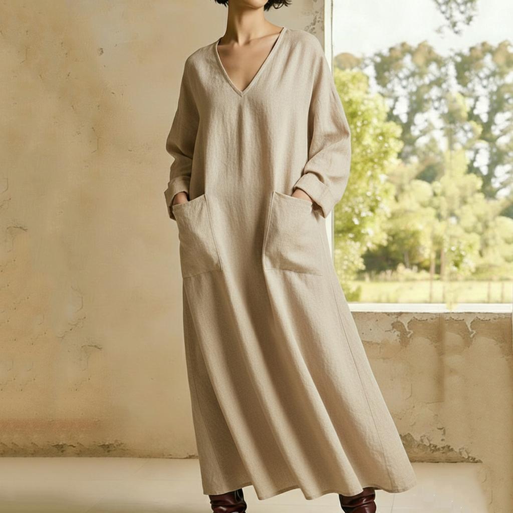 Women's Fashionable Loose-Fit -Color V-Neck Pocket Long-Sleeve Cotton-Linen Blend Dress