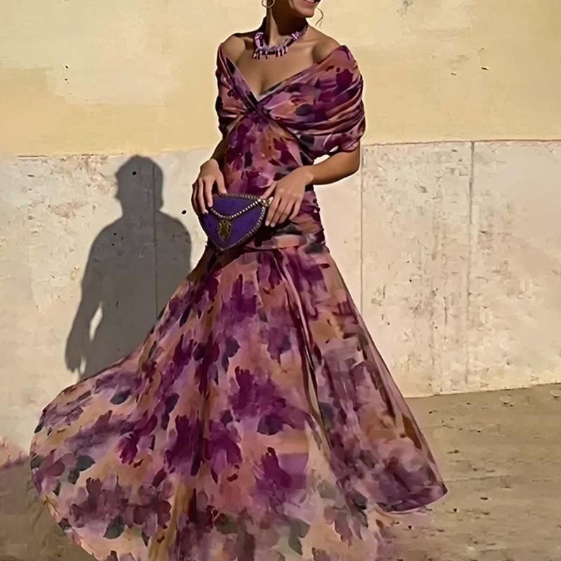 Women's Clothing, New Spring Models In Europe and America, Elegant Temperament, Off-the-shoulder Waist Dress, Long Dress, Dress.