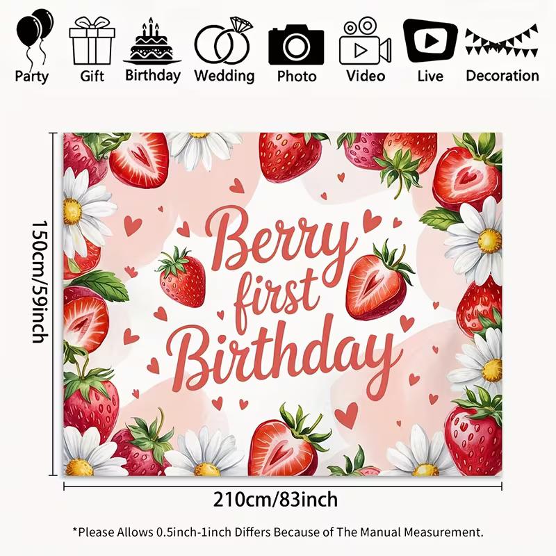 2D Pink Strawberry Themed Backdrop Sweet One First Birthday Celebration Photo Background