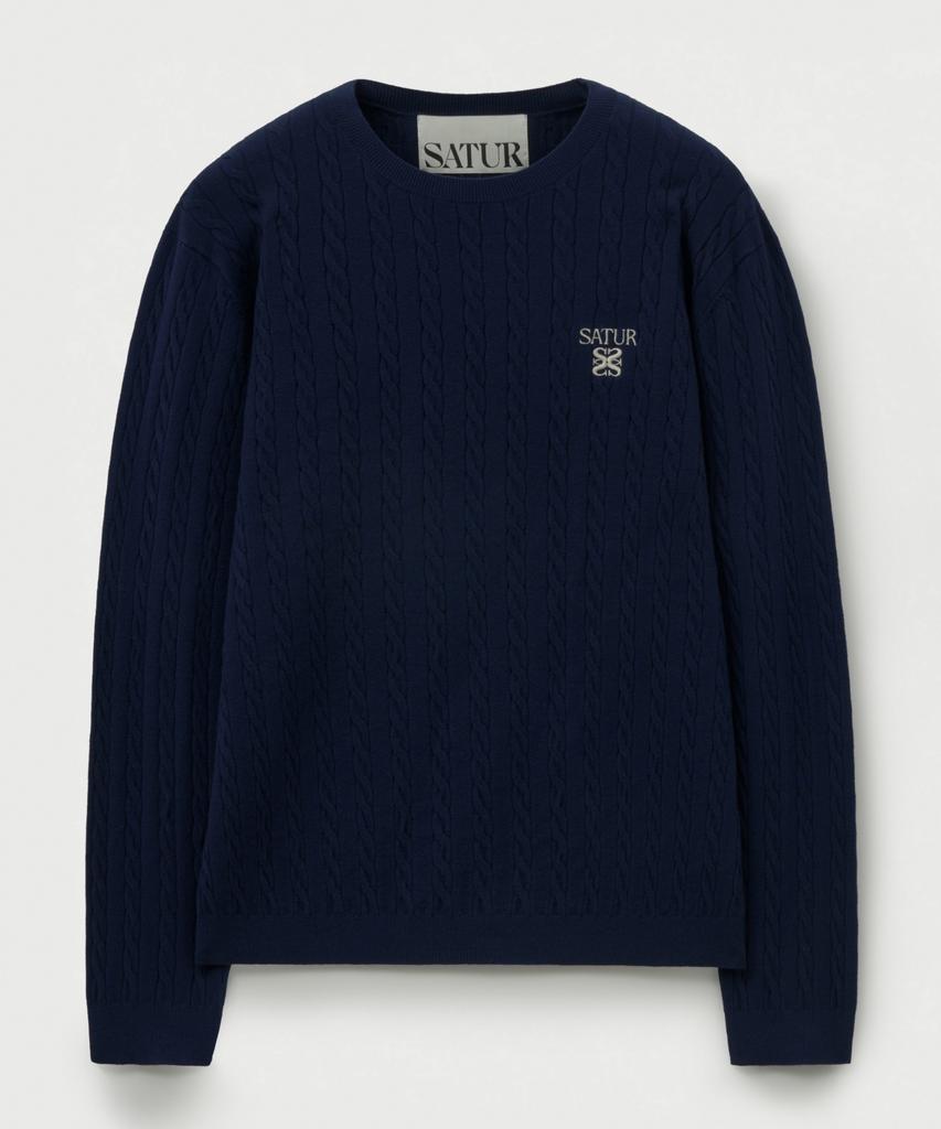 Seteo Plain Cable Crew Neck Knit Navy