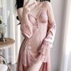 Damen Nachthemd & Bademantel Set Sexy Patchwork Spitze Intimate Dessous Nachthemd Rosa Satin Brautkleid Kleid Lose Homewear