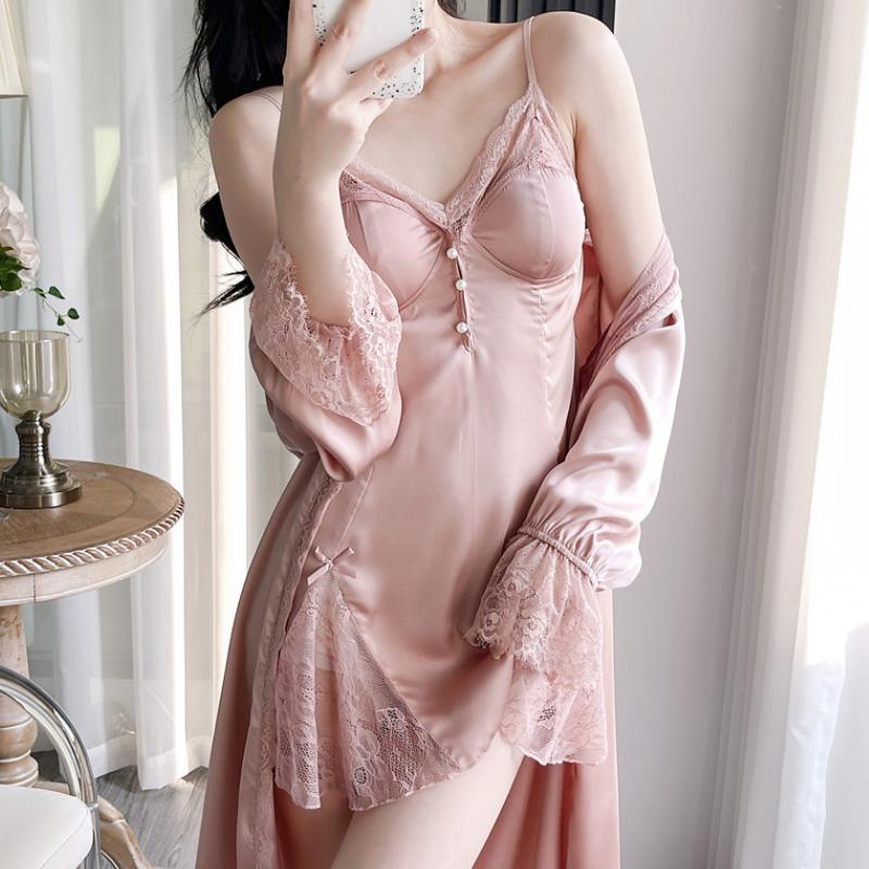 Dámská noční košile a župan Set Noční košile Sexy Patchwork Krajka Intimní spodní prádlo Noční košile Růžový satén Svatba Šaty Volné domácí oblečení