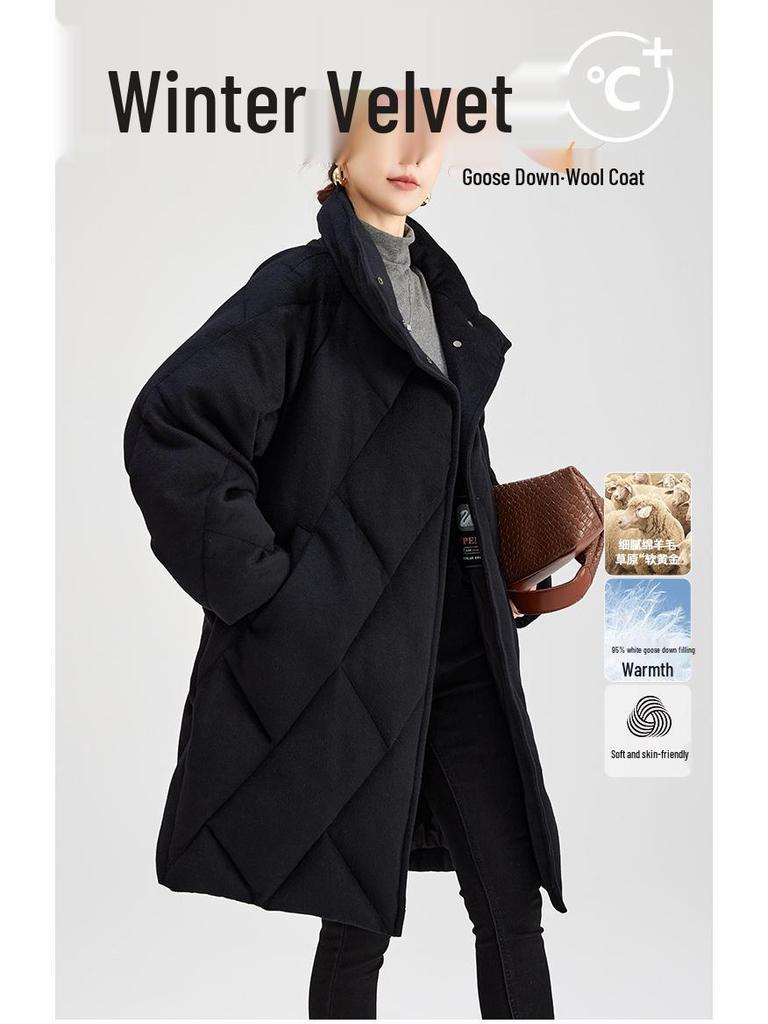 Women's Winter Retro Diamond Pattern Goose Down Coat with Stand-Up Collar - Casual & Warm Loose Style