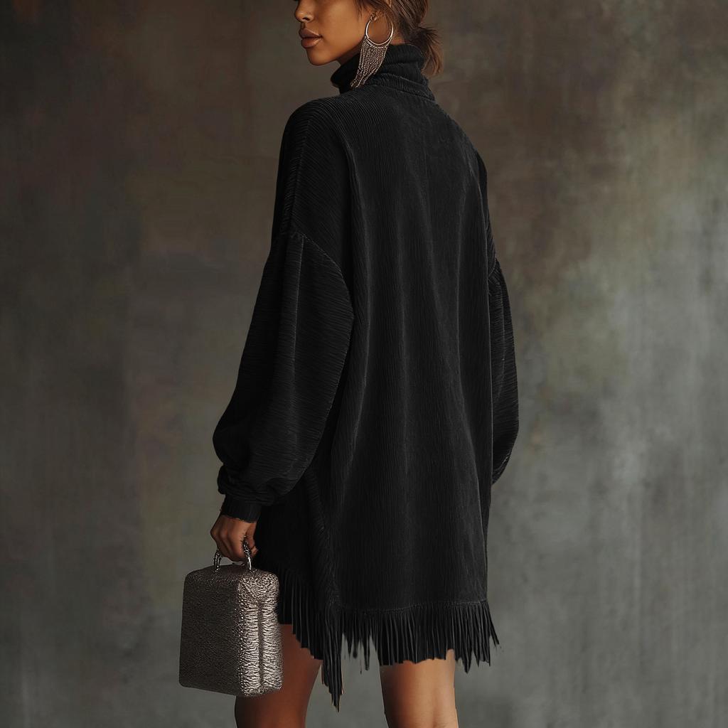 Women's Turtleneck Fringe Minied Dress, Ribbed Corduroy Dress, Casual Loose Color Pocket Dress