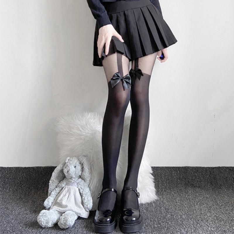 Summer ThinLolitaBow Suspenders White Silk SocksjkGirl Hot Girl Fake Thigh High RomperinsTide