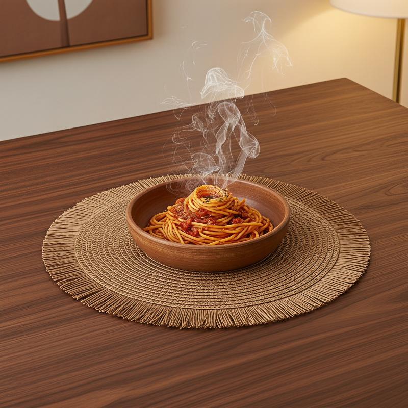 Woven Rattan Round Placemat Handmade Fringe Edge Heat Resistant For Home Dining Table Party Decor