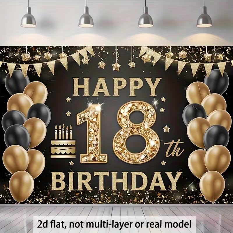 2D Classic 18th Birthday Backdrop, Black Gold Balloon & Star Decor Banner