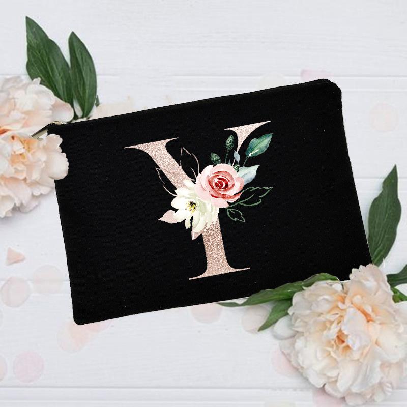 Borsa per il trucco floreale con alfabeto, damigella d'onore, damigella d'onore, festa, matrimonio, addio al nubilato, regalo, in tela, con cerniera, per cosmetici