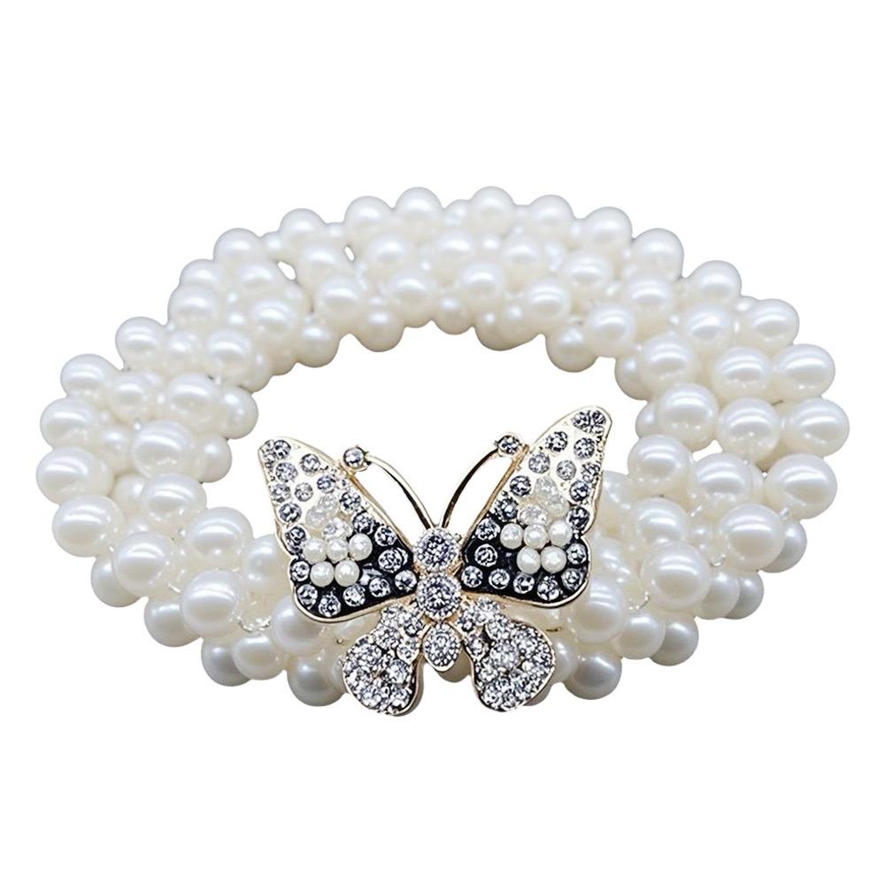 Luxury Butterfly Pearl Belt Pearls and Rhinestones Elastic Waist Bands For Women Lady Girl