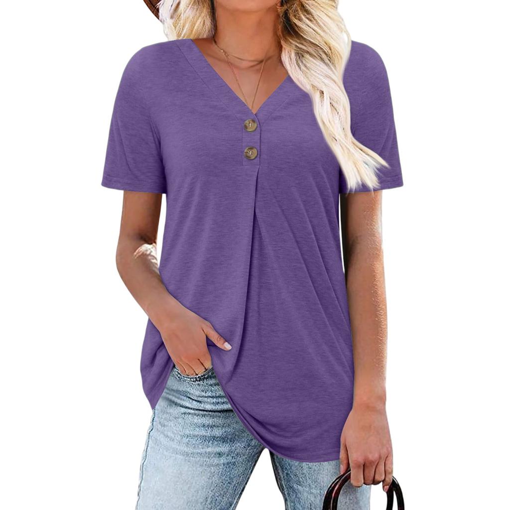 Women's Fashion Casual Short Sleeve Buttoned V-Neck T-Shirt Top