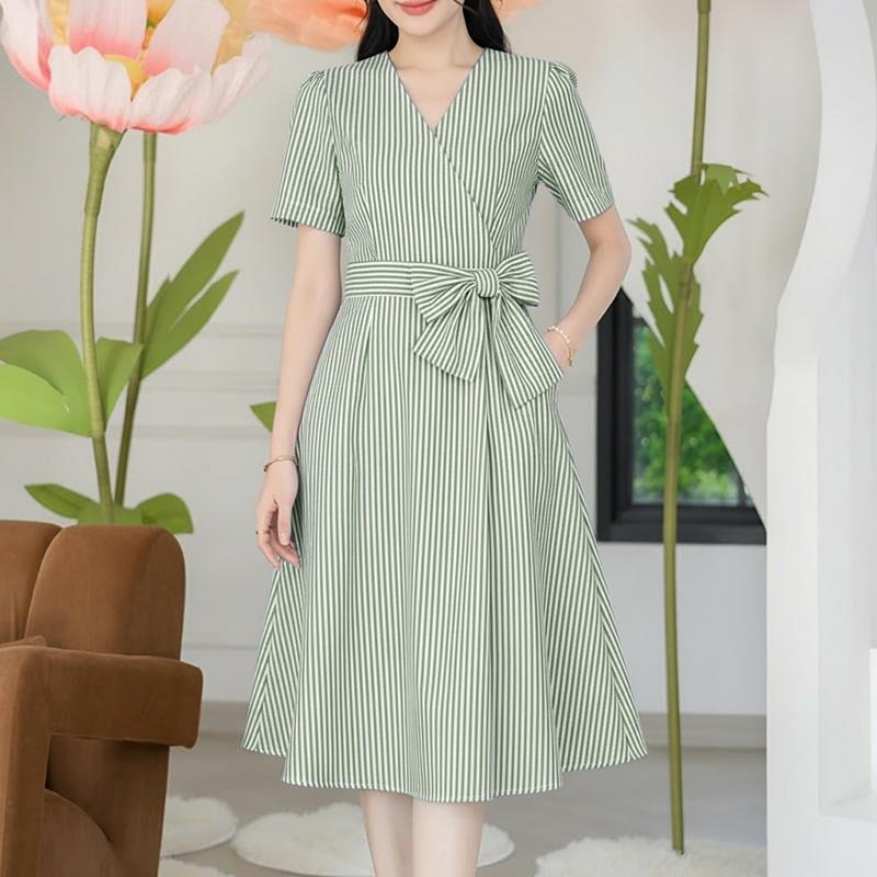 ZANZEA Women Casual V-Neck Short Sleeve Bows Splice Stripe Print A-line Dress