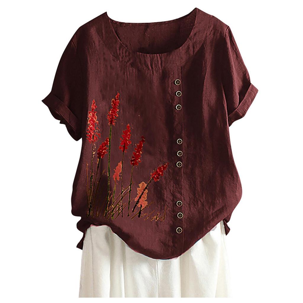 Frühling Herbst Tasten Große Größe Bluse frauen Tops Lose Rundhals Kurzarm Blumen Druck Shirts