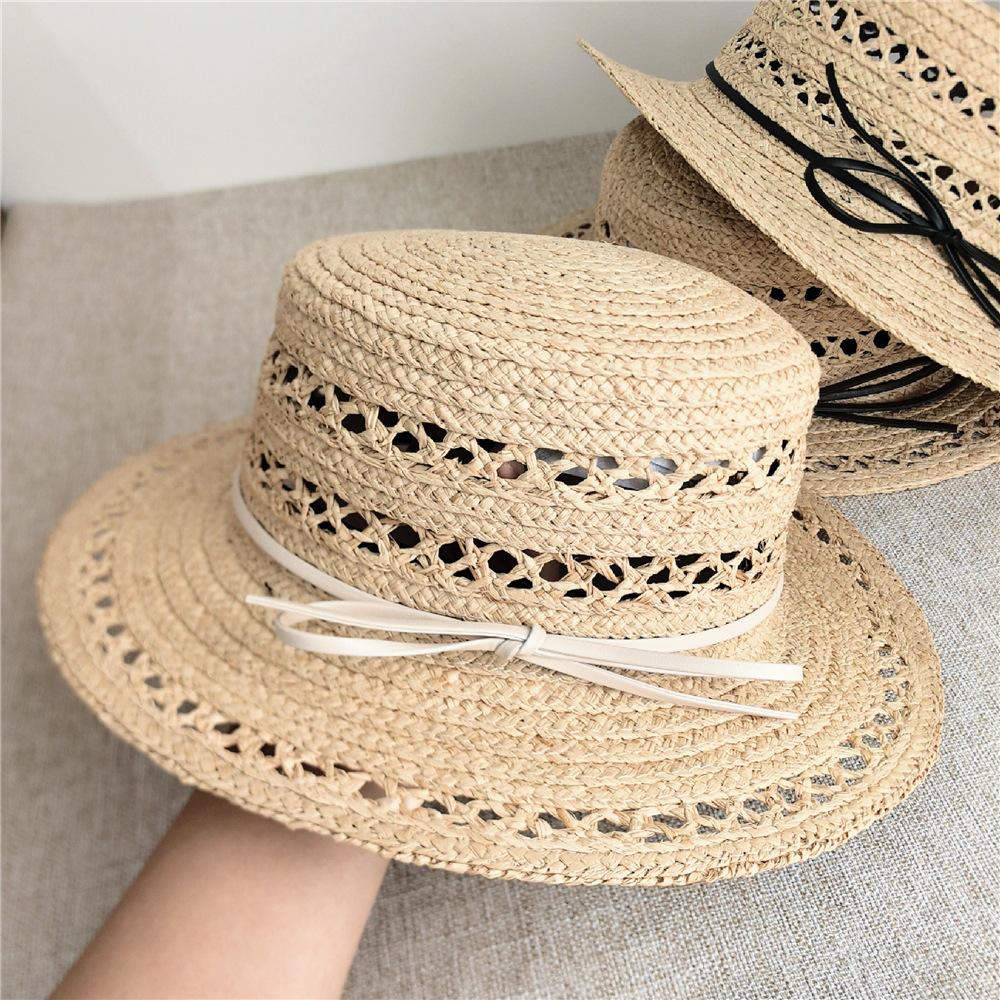 Women Raffia hat French style Summer Straw Sun Hat Women Wide Brim Beach Cap Breathable Hollow Holiday Panama hat Leather Bow