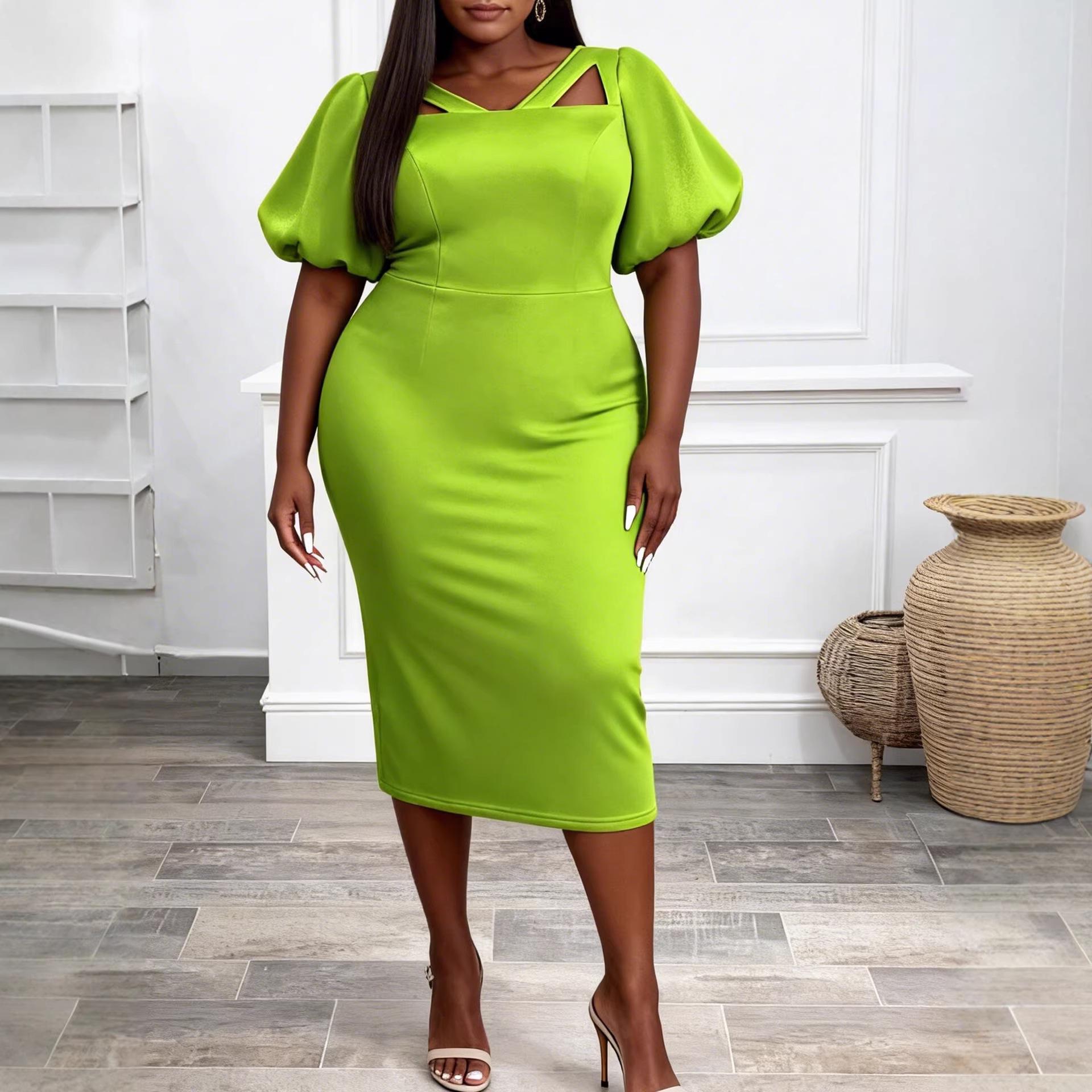 Plus Size Women s Square Neck Puff Sleeve Waist-Cinching Elegant Dress XL горчично-зеленый