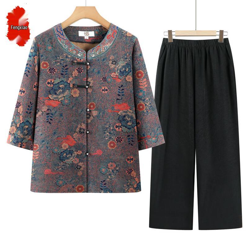 Elderly Women s Floral Print Round Neck Summer Top Set 3XL